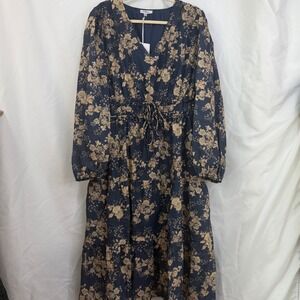 Polagram Womens Navy Floral Tiered‎ Dress Puff Sleeve Ruffle Tie Waist 3XL NWT